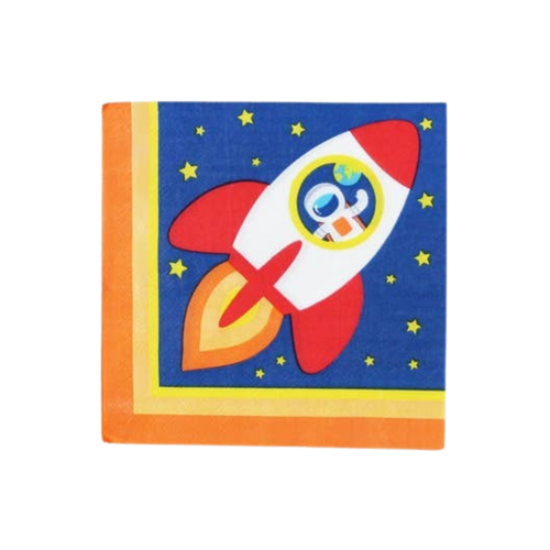 Blue space dinner napkin with red rocket and stars kids birthday from Parte Haus party supply store in Bethesda MD.
