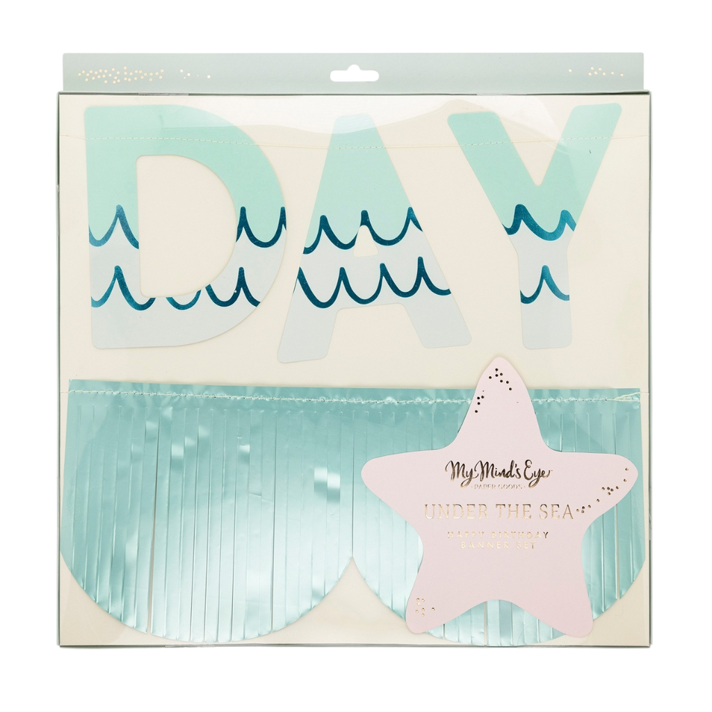 Blue and green under the sea happy birthday banner with waves for birthday from Parte Haus party supply store in Bethesda Maryland