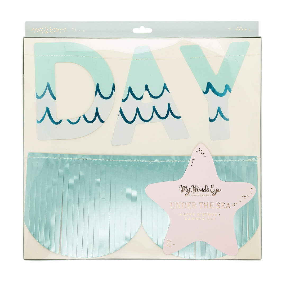 Blue and green under the sea happy birthday banner with waves for birthday from Parte Haus party supply store in Bethesda Maryland