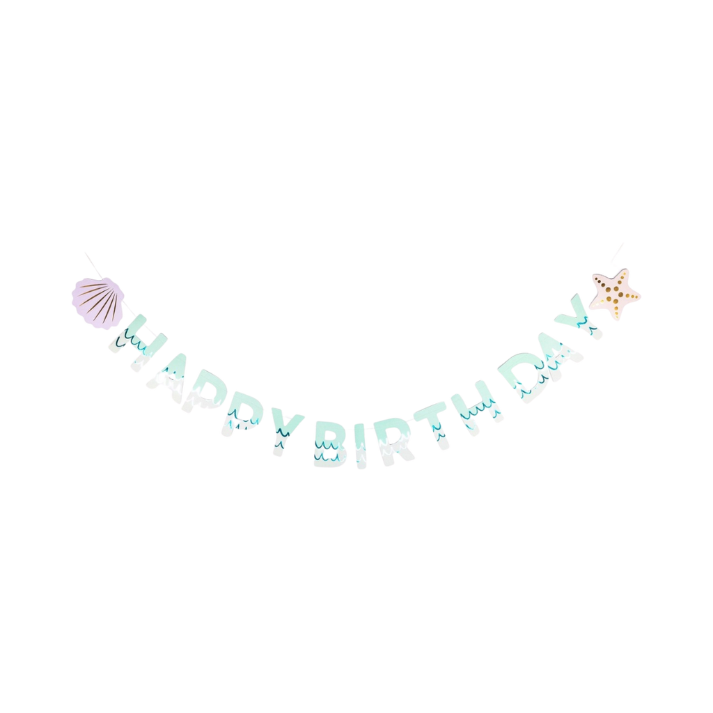 Blue and green happy birthday banner with seashell details birthday decoration from Parte Haus party supply store in Bethesda MD.