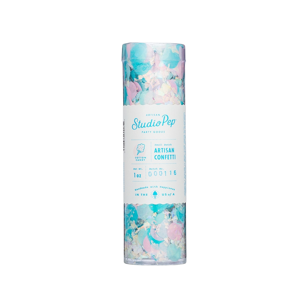 Blue and pink cotton candy artisan confetti in clear tube birthday celebration from Parte Haus party supply store in Bethesda MD.