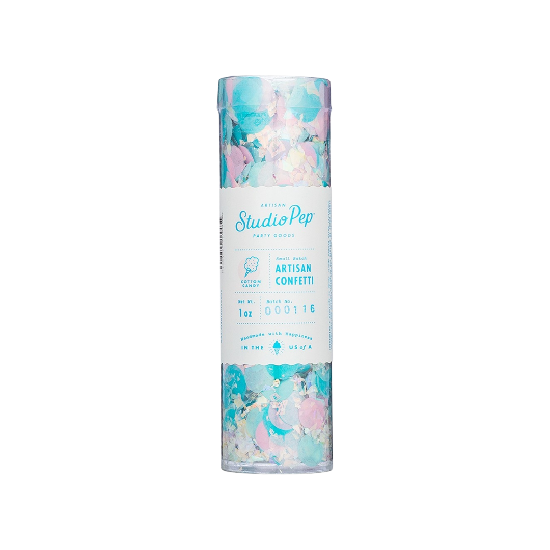 Blue and pink cotton candy artisan confetti in clear tube birthday celebration from Parte Haus party supply store in Bethesda MD.