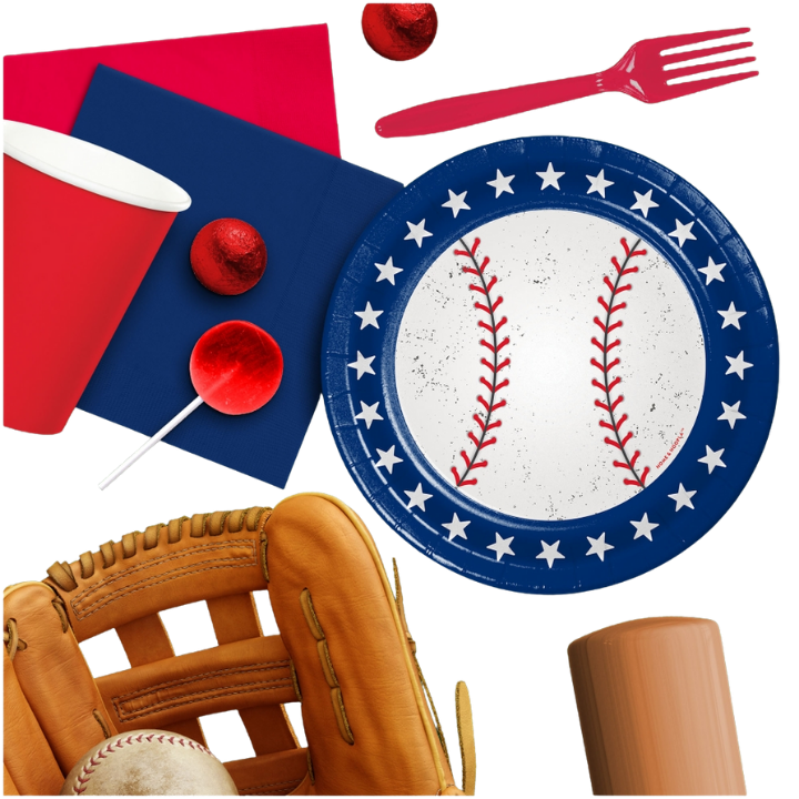 Blue and white baseball appetizer dessert plate with stars for sports birthday from Parte Haus party supply store in Bethesda MD