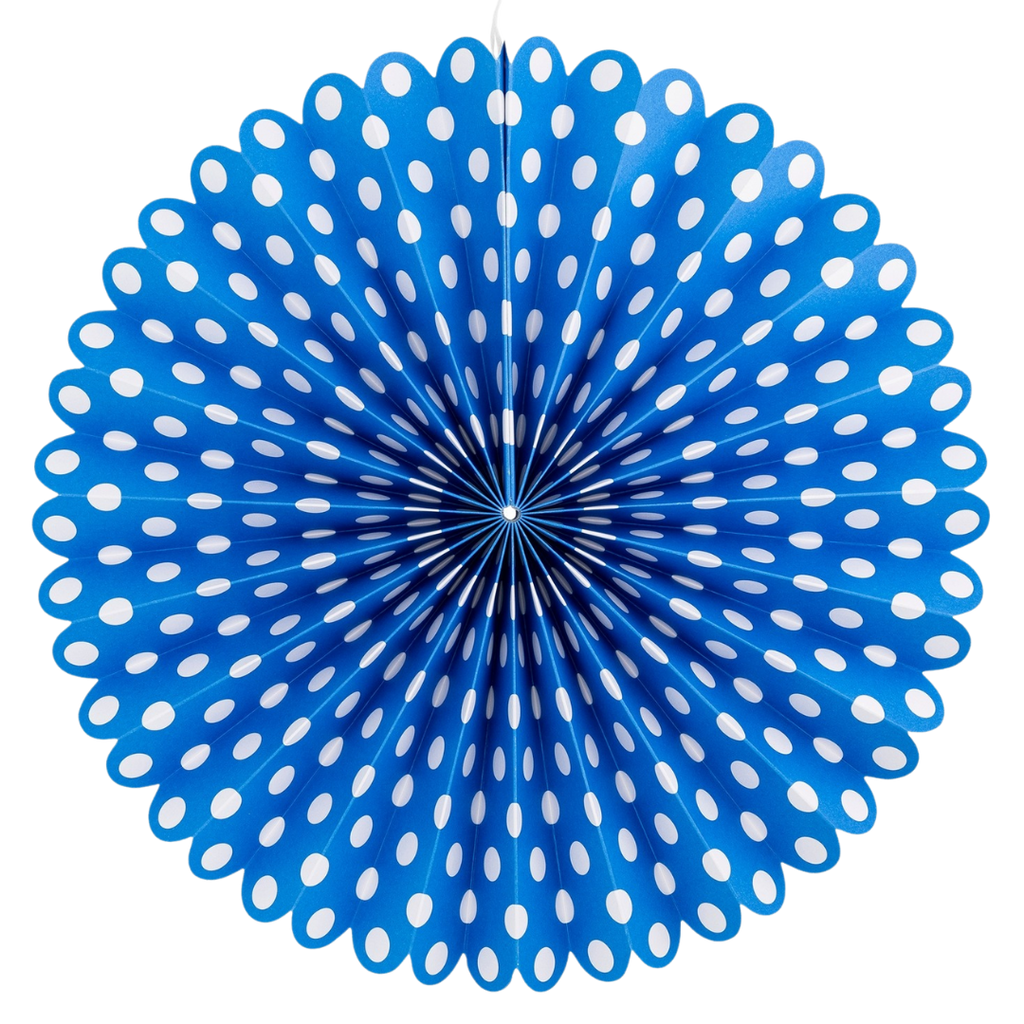 Blue and white paper fan with polka dots birthday party decor from Parte Haus party supply store in Bethesda MD