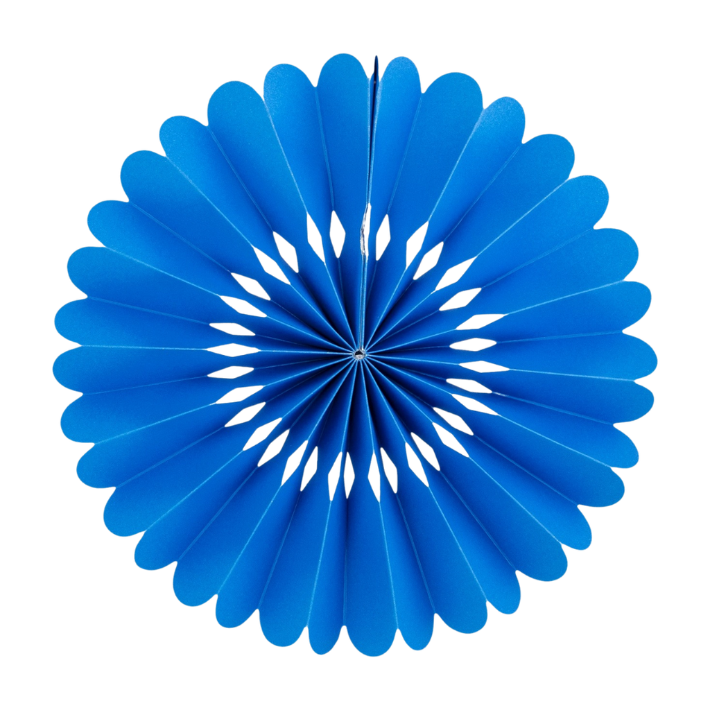 Blue paper fan decoration round backdrop for birthday from Parte Haus party supply store in Bethesda MD