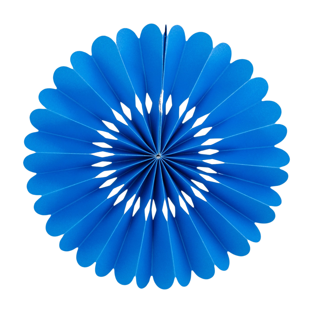 Blue paper fan decoration round backdrop for birthday from Parte Haus party supply store in Bethesda MD