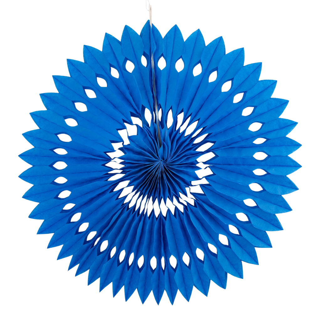 Blue paper fan round hanging decoration for birthday from Parte Haus party supply store in Bethesda MD