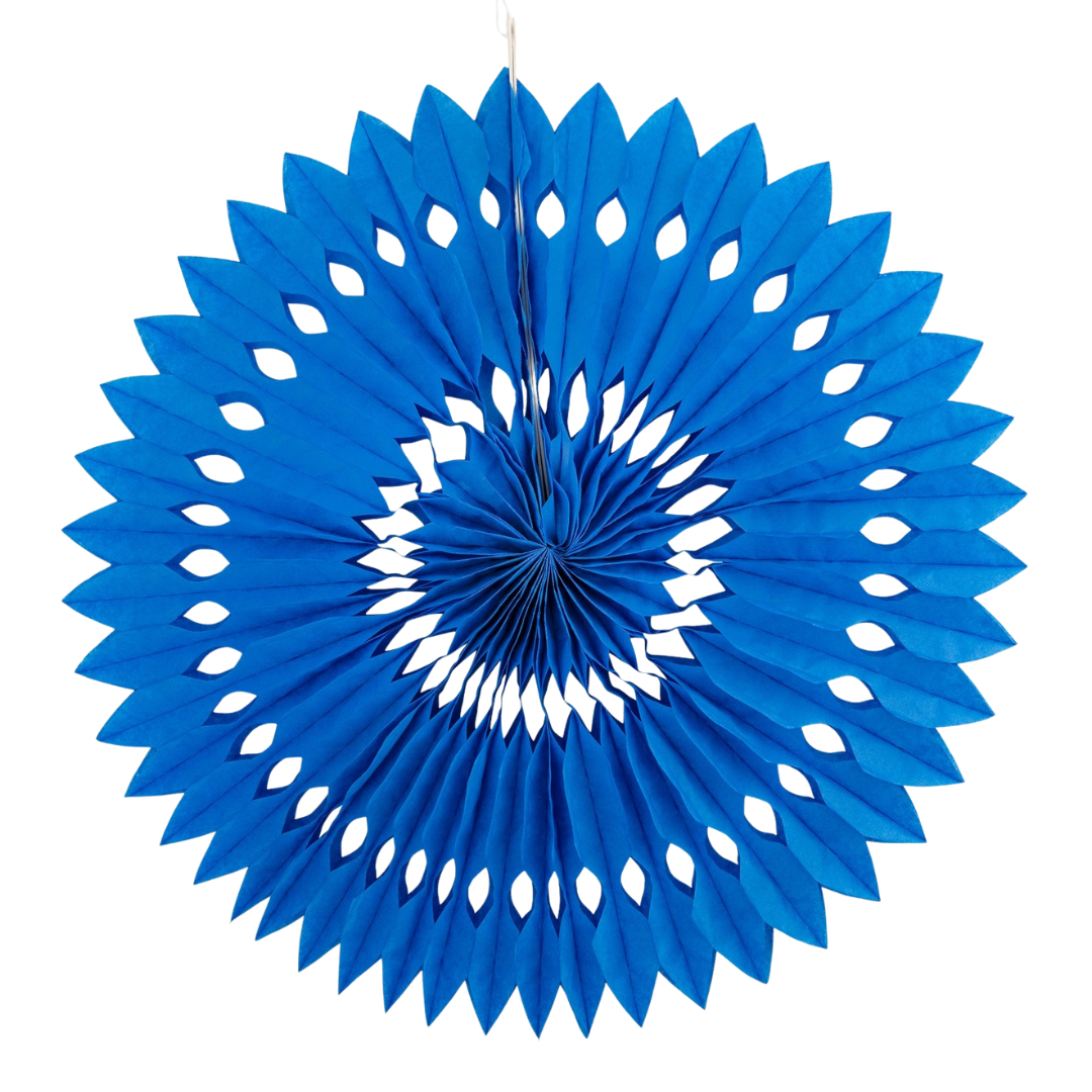 Blue paper fan round hanging decoration for birthday from Parte Haus party supply store in Bethesda MD