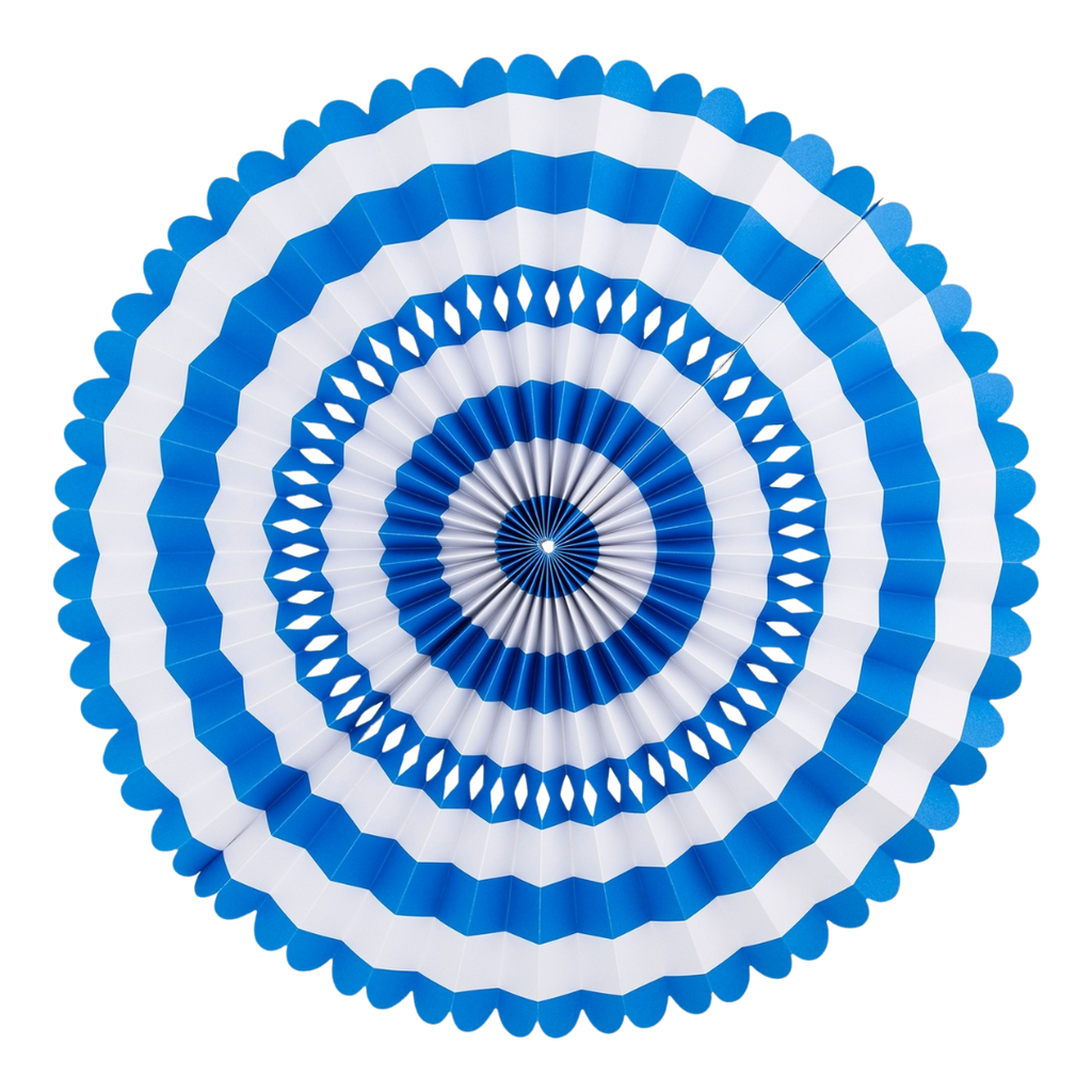 Blue and white paper party fan with scalloped edges birthday decor from Parte Haus party supply store in Bethesda MD