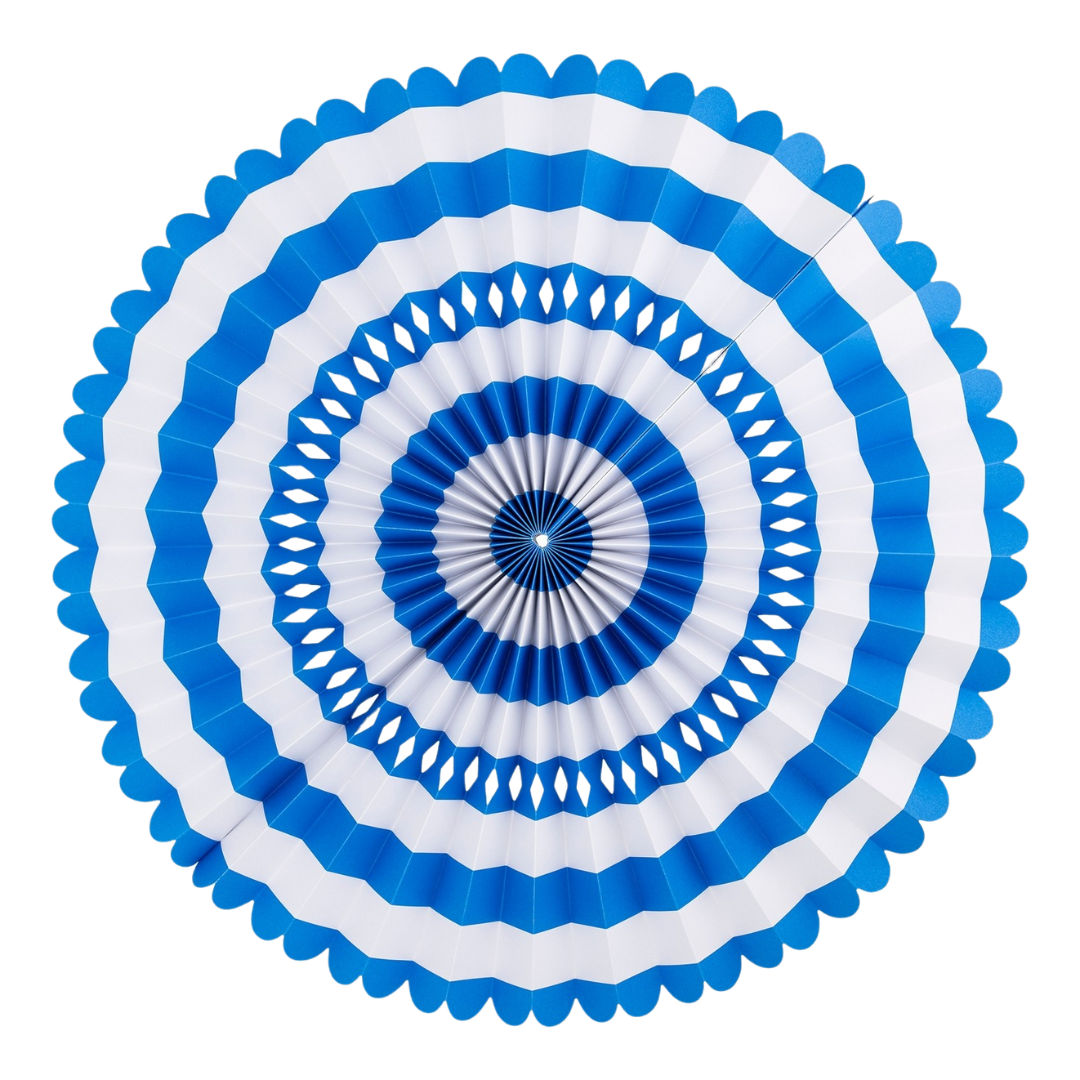 Blue and white paper party fan with scalloped edges birthday decor from Parte Haus party supply store in Bethesda MD