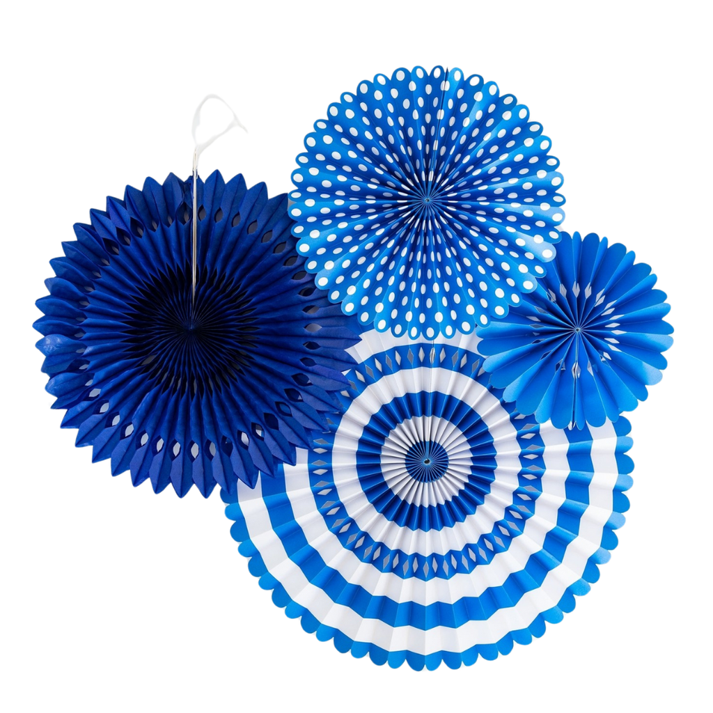 Blue and white paper fan set with polka dots and stripes birthday decor from Parte Haus party supply store in Bethesda MD