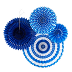 Blue and white paper fan set with polka dots and stripes birthday decor from Parte Haus party supply store in Bethesda MD