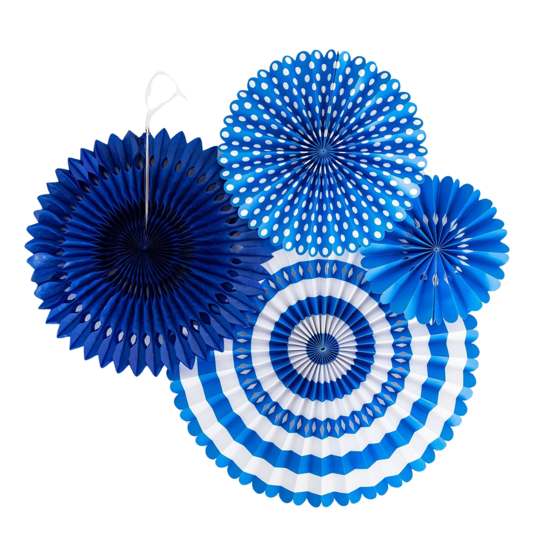 Blue and white paper fan set with polka dots and stripes birthday decor from Parte Haus party supply store in Bethesda MD