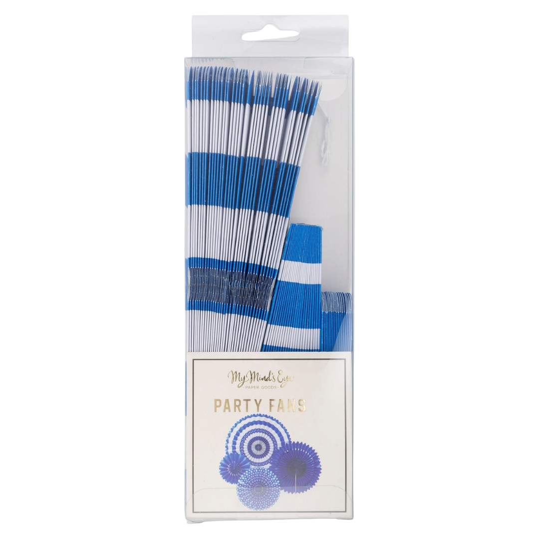 Blue and white fan set with striped paper fans birthday or celebration decor from Parte Haus party supply store in Bethesda MD