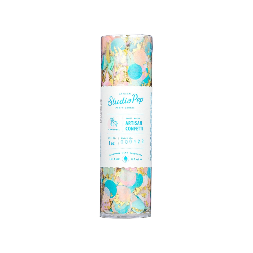 Blue and yellow confetti in a clear tube for birthday celebrations from Parte Haus party supply store in Bethesda MD.