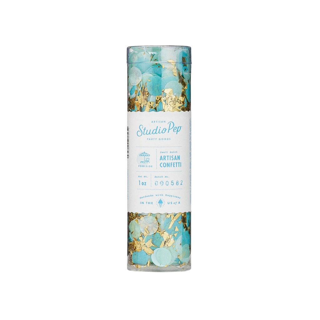 Blue and yellow confetti mini pack in clear tube poolside decor from Parte Haus party supply store in Bethesda, MD.