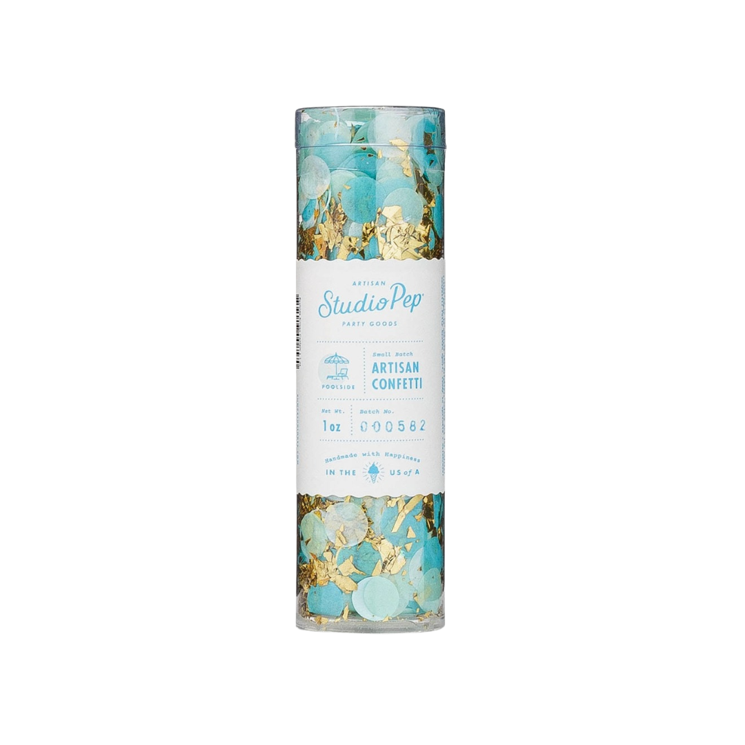 Blue and yellow confetti mini pack in clear tube poolside decor from Parte Haus party supply store in Bethesda, MD.
