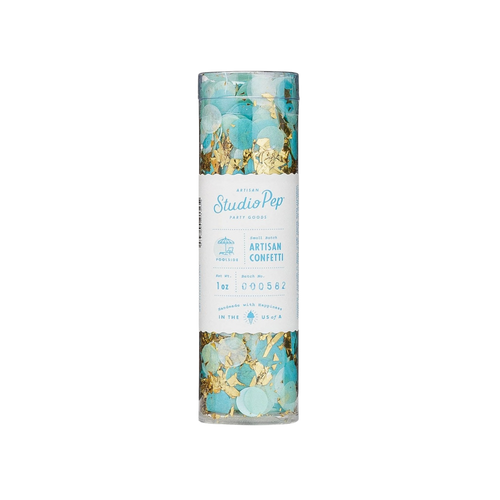 Blue and yellow confetti mini pack in clear tube poolside decor from Parte Haus party supply store in Bethesda, MD.