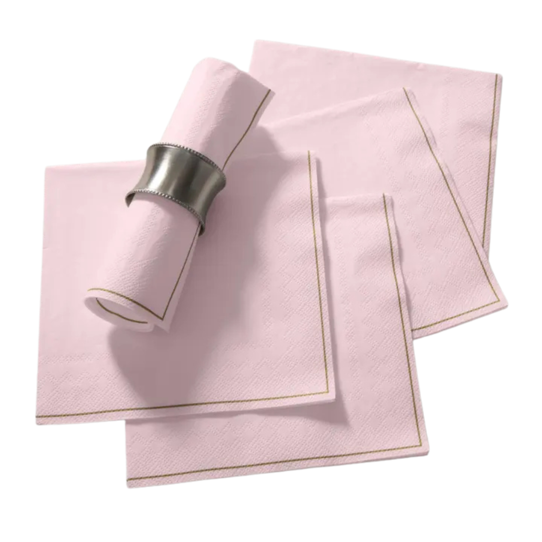 Blush with gold stripe lunch napkins elegant folded design for celebrations from Parte Haus party supply store in Bethesda Maryland