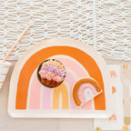 Boho rainbow large plates with pastel rainbow design birthday theme from Parte Haus party supply store in Bethesda MD