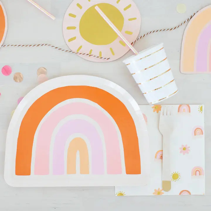 Orange and pink rainbow large plate with pastel sun design for birthday from Parte Haus party supply store in Bethesda MD