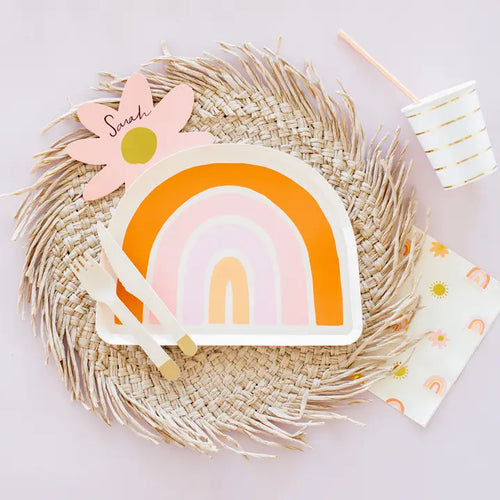 Orange and pink boho rainbow plate kids birthday decor from Parte Haus party supply store in Bethesda Maryland