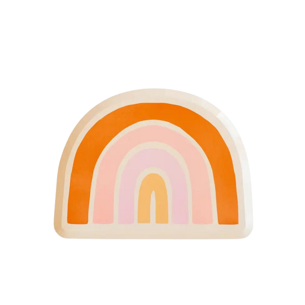 Boho rainbow large plate with orange and pink arches birthday theme from Parte Haus party supply store in Bethesda Maryland