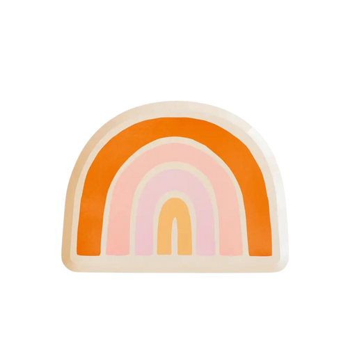 Boho rainbow large plate with orange and pink arches birthday theme from Parte Haus party supply store in Bethesda Maryland