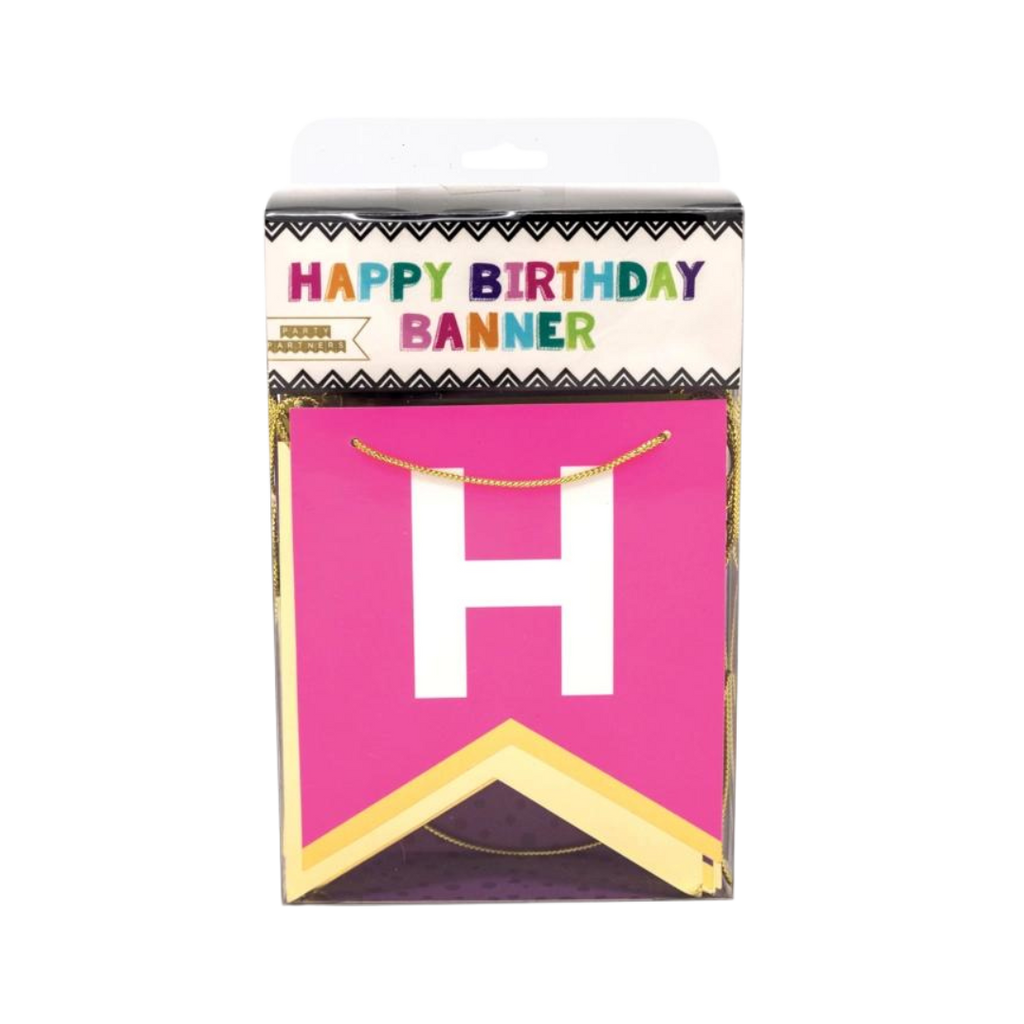 Bold and bright pink happy birthday banner with gold string birthday theme from Parte Haus party supply store in Bethesda MD