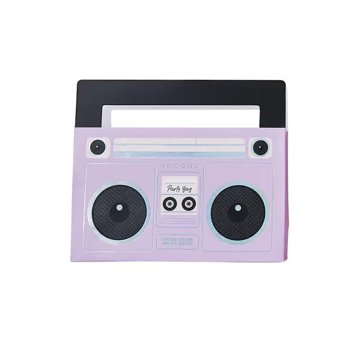 Purple boombox favor bag with handle for retro birthday party from Parte Haus party supply store in Bethesda MD