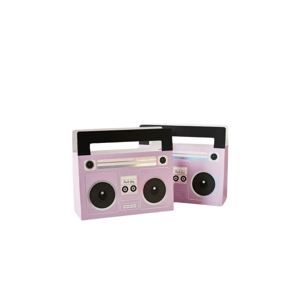 Pink boombox favor bags retro music birthday theme from Parte Haus party supply store in Bethesda Maryland