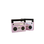 Pink boombox favor bags retro music birthday theme from Parte Haus party supply store in Bethesda Maryland