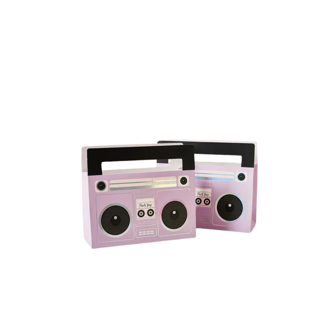 Pink boombox favor bags retro music birthday theme from Parte Haus party supply store in Bethesda Maryland