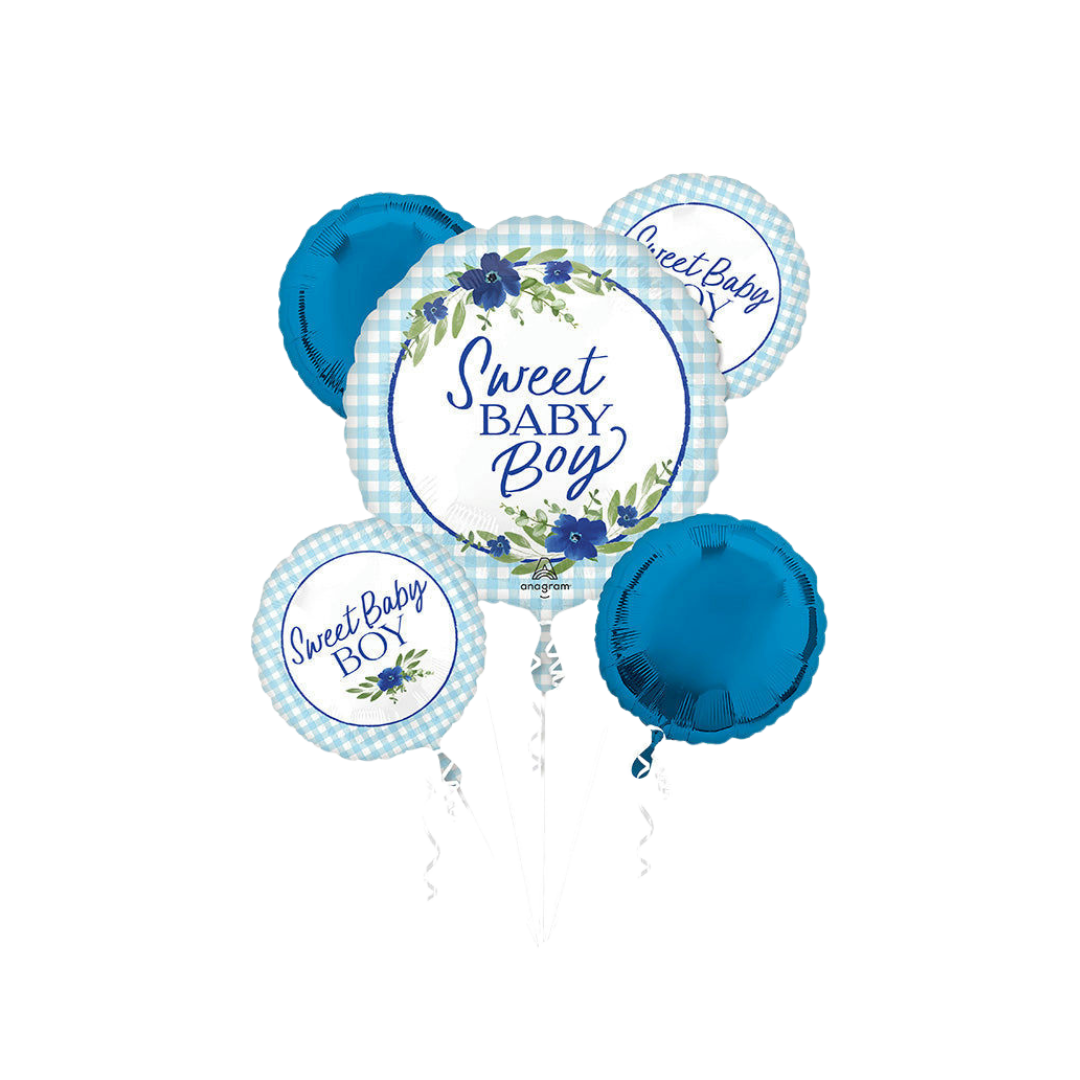 Blue baby boy foil balloon bouquet with floral accents Baby Shower from Parte Haus party supply store in Bethesda Maryland
