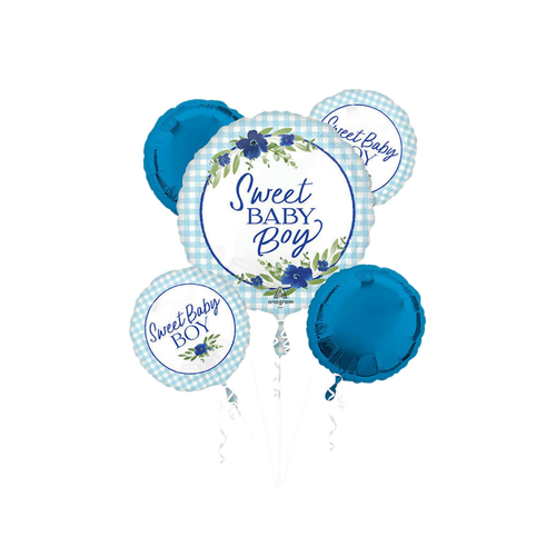 Blue baby boy foil balloon bouquet with floral accents Baby Shower from Parte Haus party supply store in Bethesda Maryland