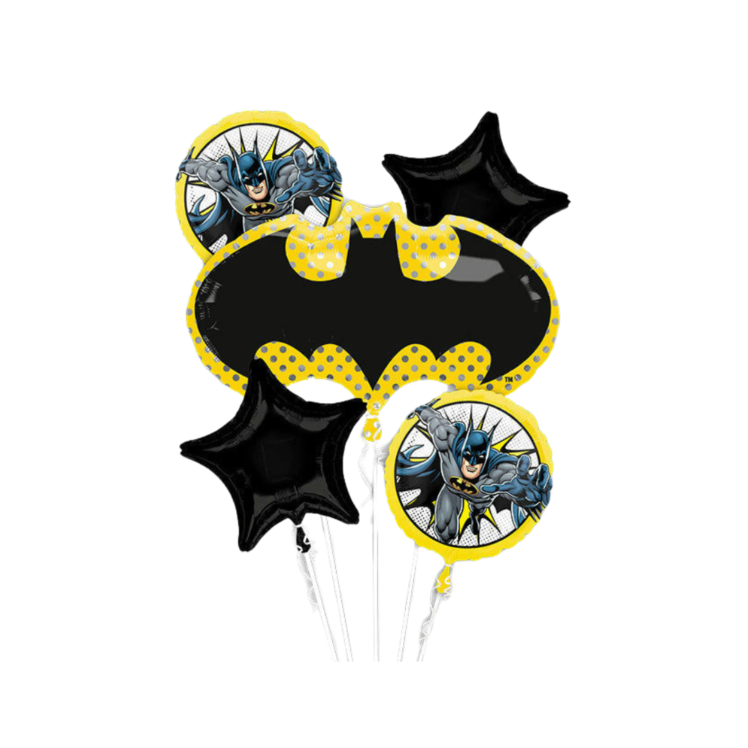 Black and yellow Batman foil balloon bouquet for superhero birthday theme from Parte Haus party supply store in Bethesda Maryland.