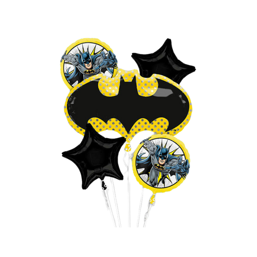 Black and yellow Batman foil balloon bouquet for superhero birthday theme from Parte Haus party supply store in Bethesda Maryland.