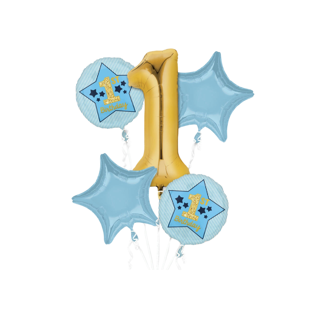 Blue and gold foil balloon bouquet with stars and number one for first birthday from Parte Haus party supply store in Bethesda Maryland