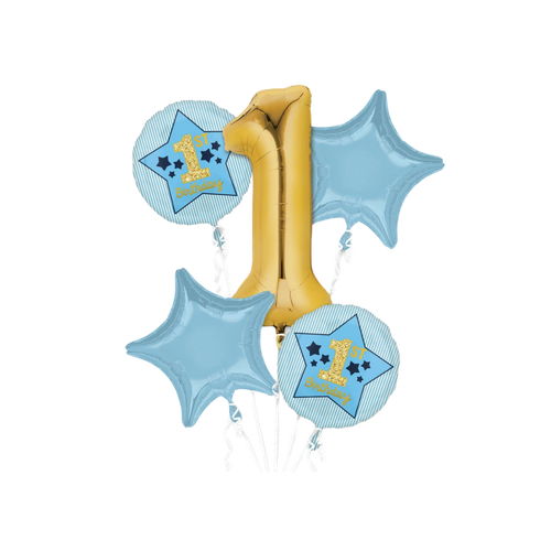 Blue and gold foil balloon bouquet with stars and number one for first birthday from Parte Haus party supply store in Bethesda Maryland