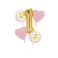 Pink and gold foil balloon bouquet with hearts and number one for first birthday from Parte Haus party supply store in Bethesda Maryland