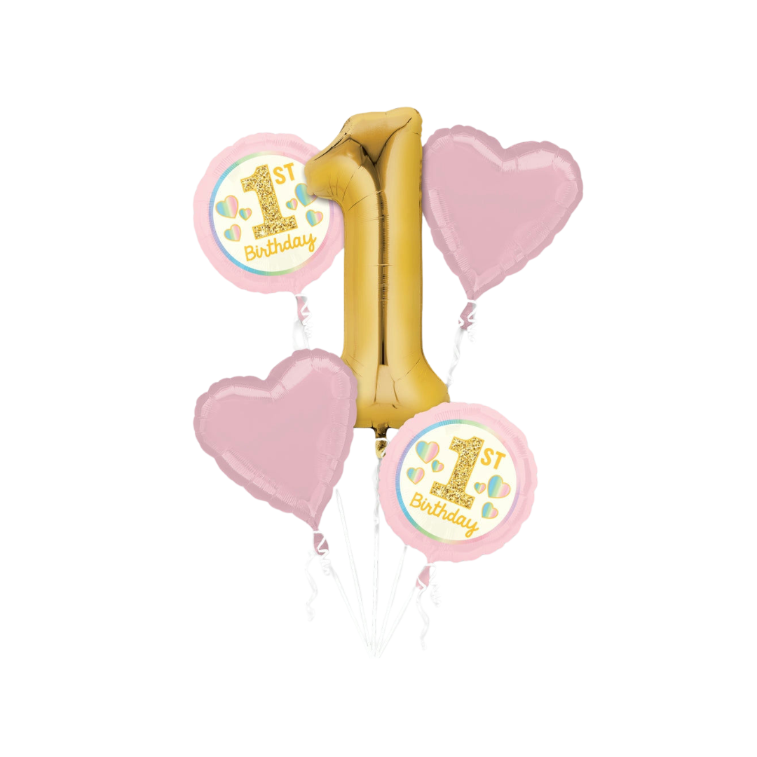 Pink and gold foil balloon bouquet with hearts and number one for first birthday from Parte Haus party supply store in Bethesda Maryland