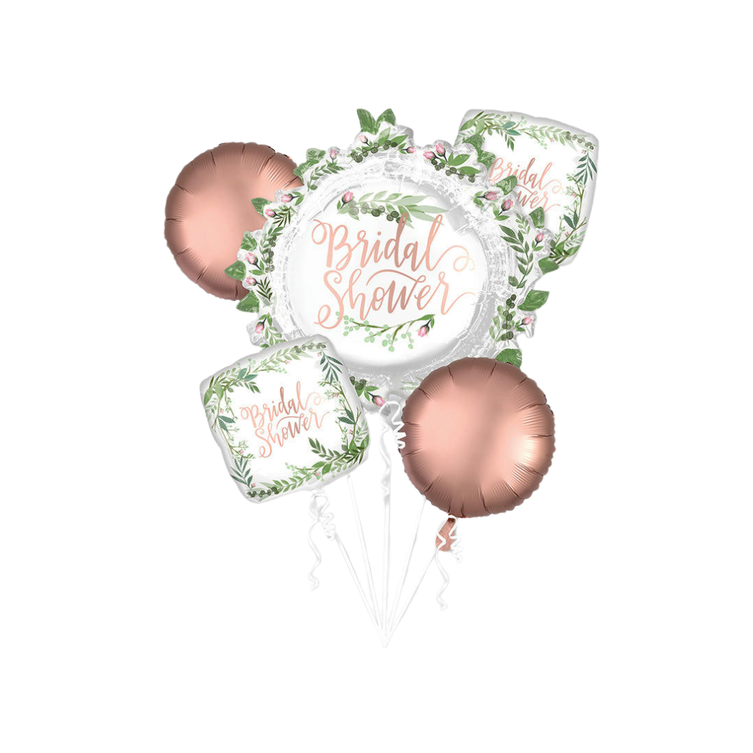 Rose gold and white foil balloon bouquet with green leaves Bridal Shower theme from Parte Haus party supply store in Bethesda MD