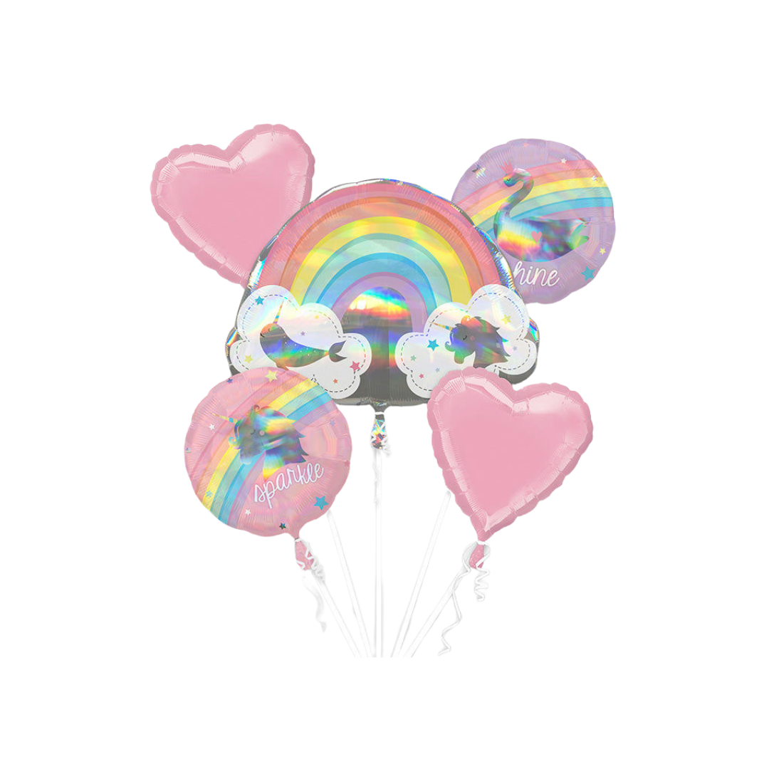 Rainbow pastel foil balloon bouquet with unicorn and hearts for birthday from Parte Haus party supply store in Bethesda Maryland