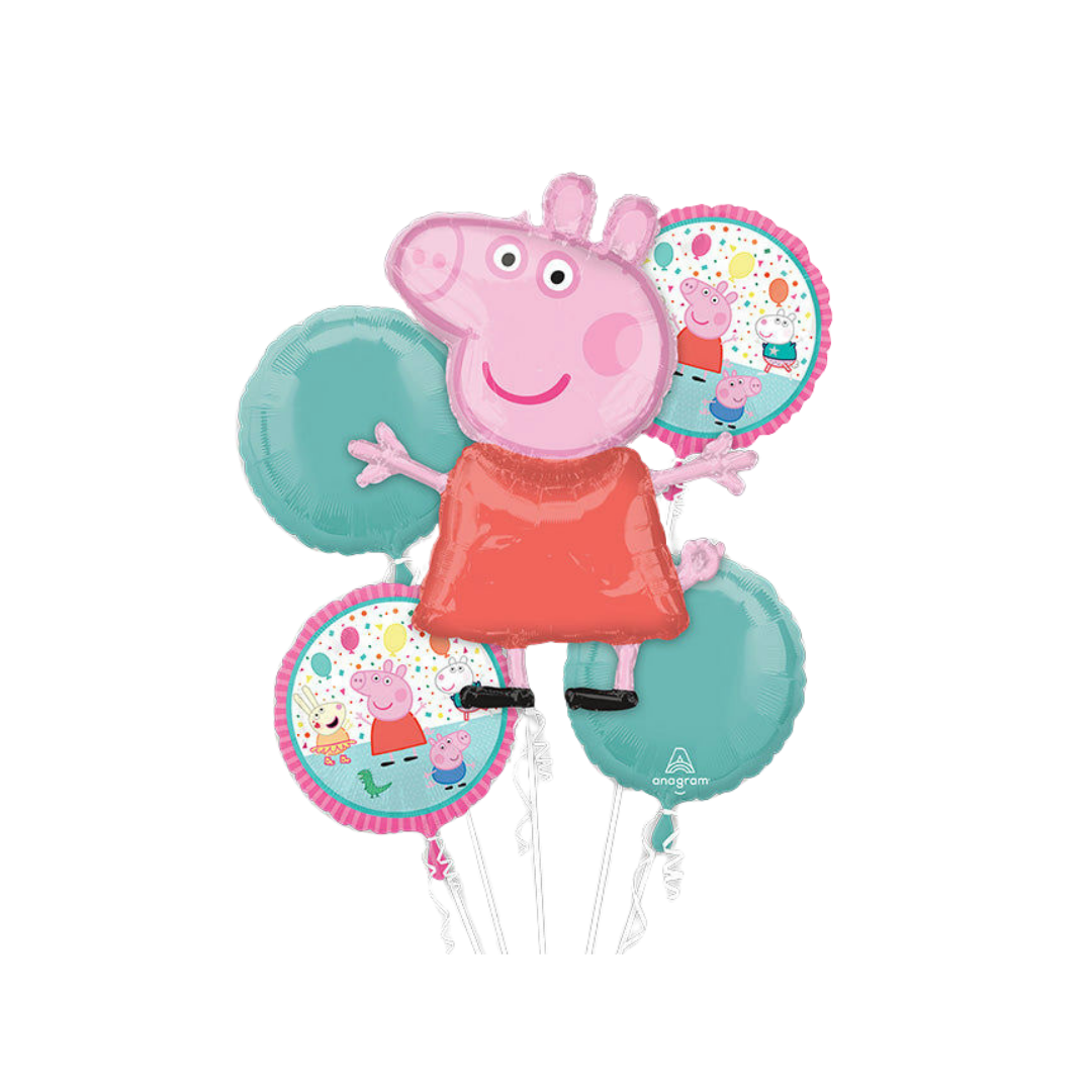 Pink teal Peppa Pig foil balloon bouquet for kids birthday from Parte Haus party supply store in Bethesda MD.