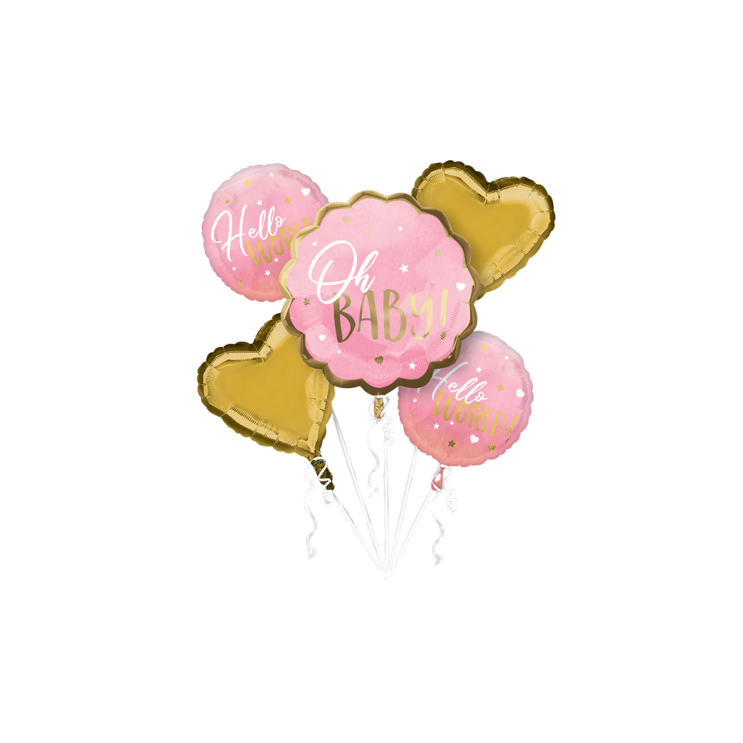 Pink and gold baby girl foil balloon bouquet for baby shower from Parte Haus party supply store in Bethesda MD