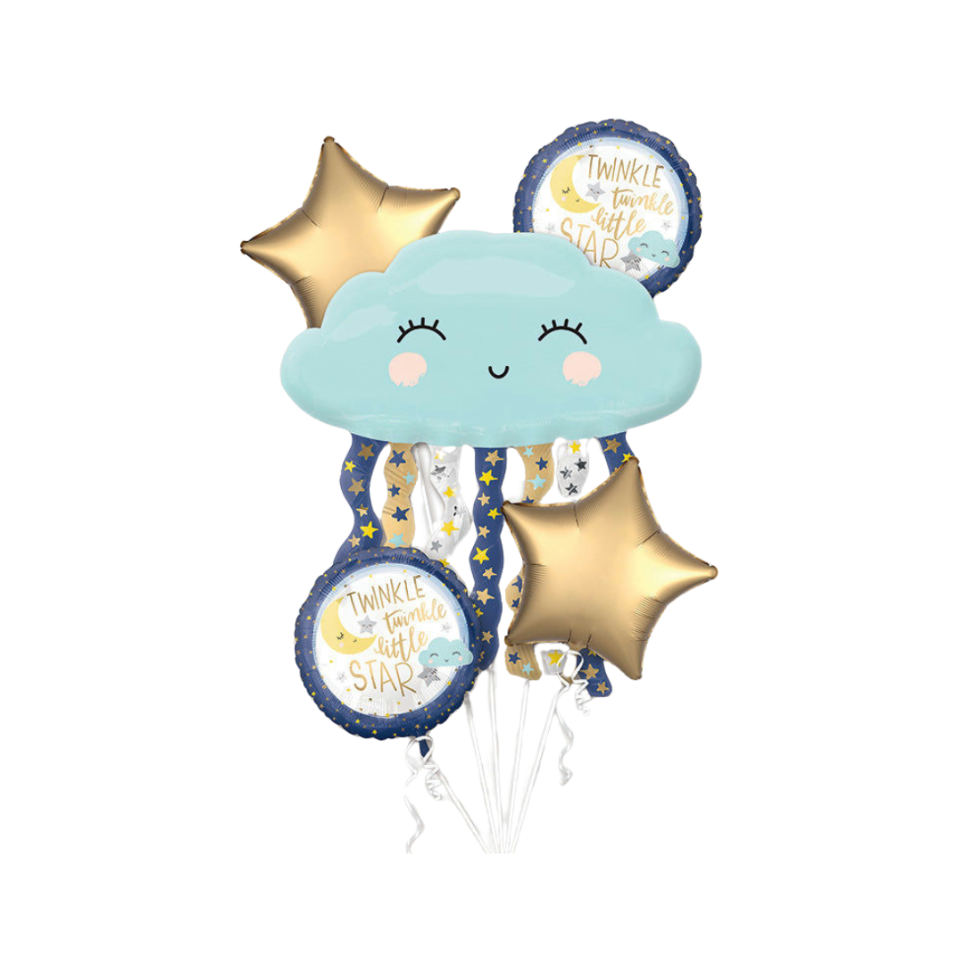 Blue and gold Twinkle Twinkle Little Star foil balloon bouquet for baby shower from Parte Haus party supply store in Bethesda MD