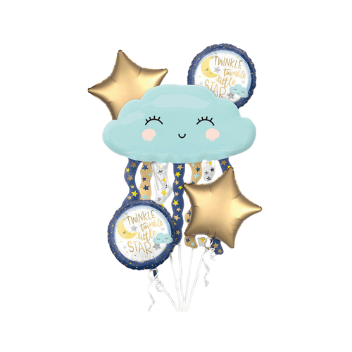 Blue and gold Twinkle Twinkle Little Star foil balloon bouquet for baby shower from Parte Haus party supply store in Bethesda MD
