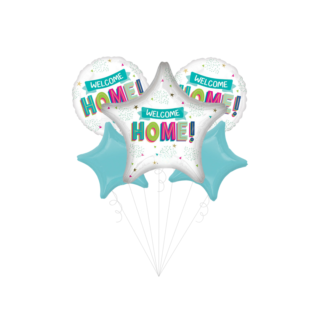 Blue and white Welcome Home foil balloon bouquet for homecoming from Parte Haus party supply store in Bethesda Maryland