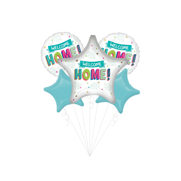 Blue and white Welcome Home foil balloon bouquet for homecoming from Parte Haus party supply store in Bethesda Maryland