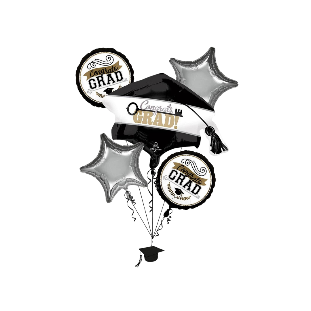 Black gold and silver graduation balloon bouquet with star and congrats grad designs from Parte Haus party supply store in Bethesda MD